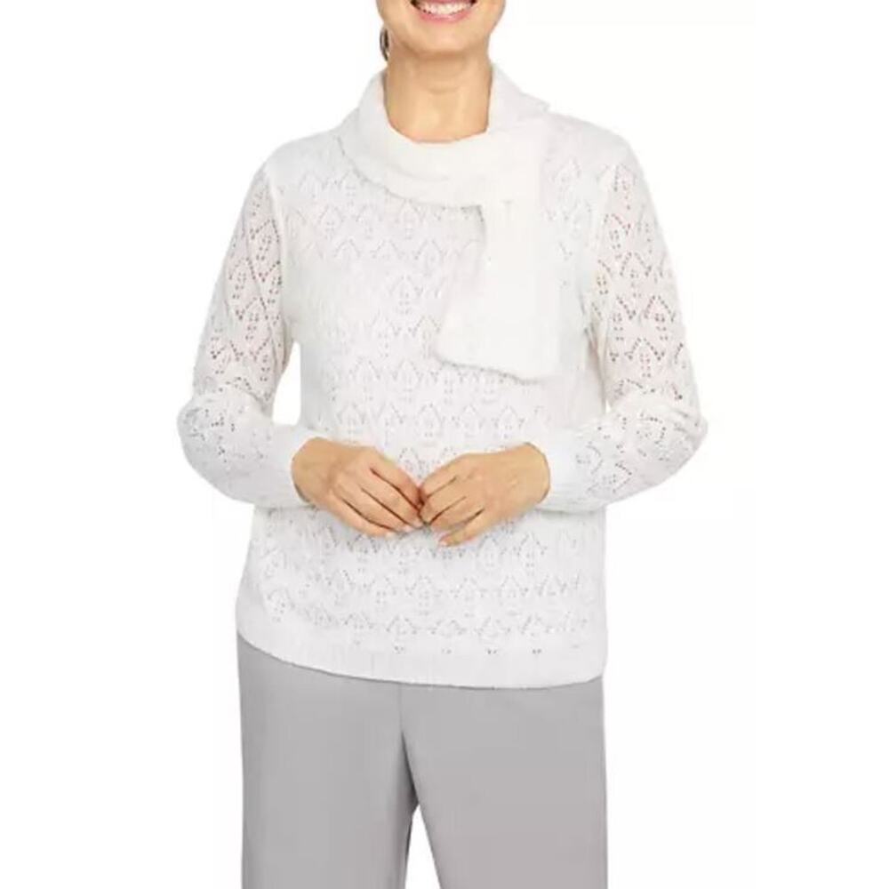 Alfred Dunner Plus Sz Stonehenge Pointelle Pearl Sweater with Scarf Ivory 1X $74